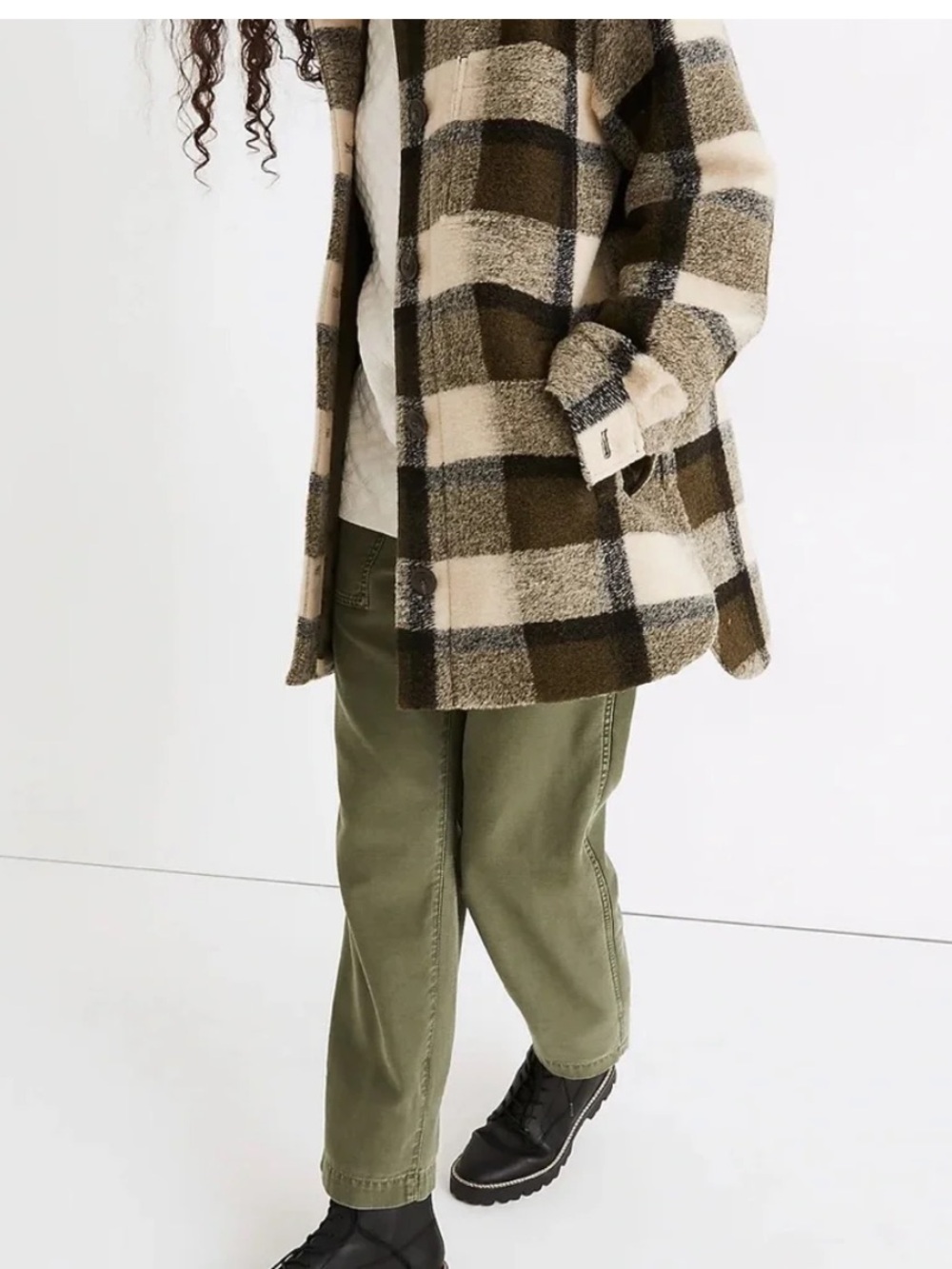 Madewell Plaid Sherpa Shacket in Olive & Cream - Picture 2 of 7